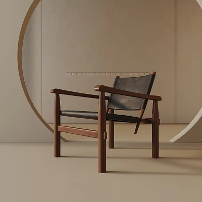 Minimalist Accent Chair With Wooden Frame And Leather Seat In Curved Decor Setting 3d model