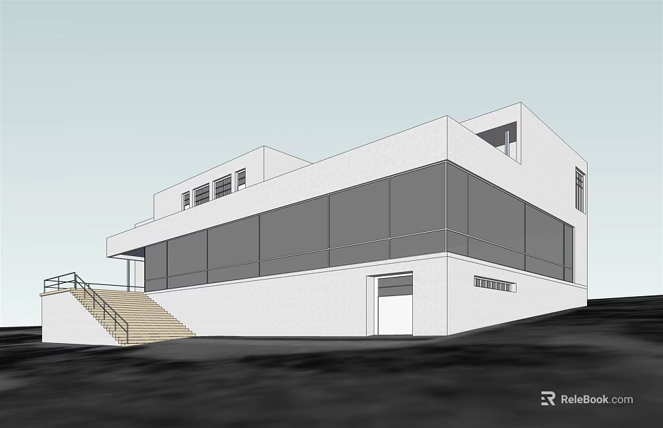 Modern White Office Building With Large Glass Windows And Exterior Staircase 3d model 