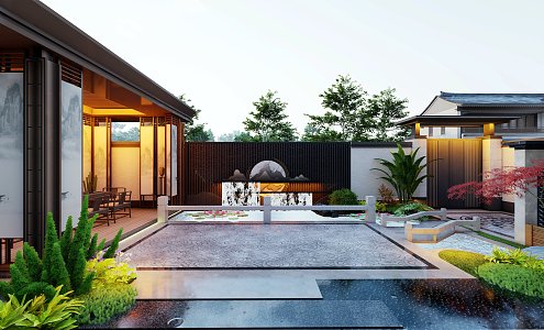 New Chinese-style Villa Courtyard Garden Landscape Water View Wall 3d model