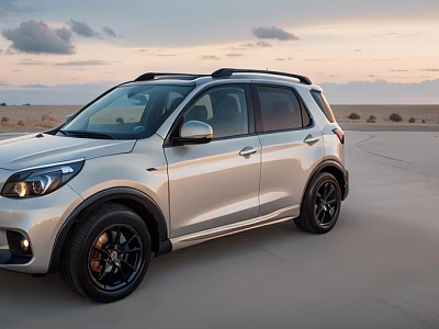 Silver SUV Car With Sporty Black Wheels On Open Road At Sunset 3d model