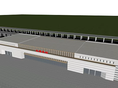 Long White Building Featuring Grey Roof Red Elements and Glass Windows in Green Setting 3d model