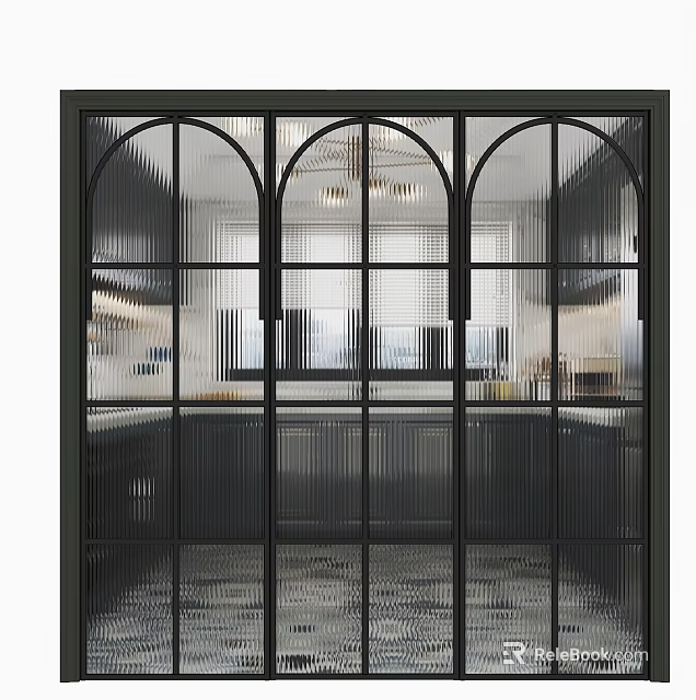 Modern Kitchen Sliding Doors With Black Frame And Textured Glass Design 3d model 