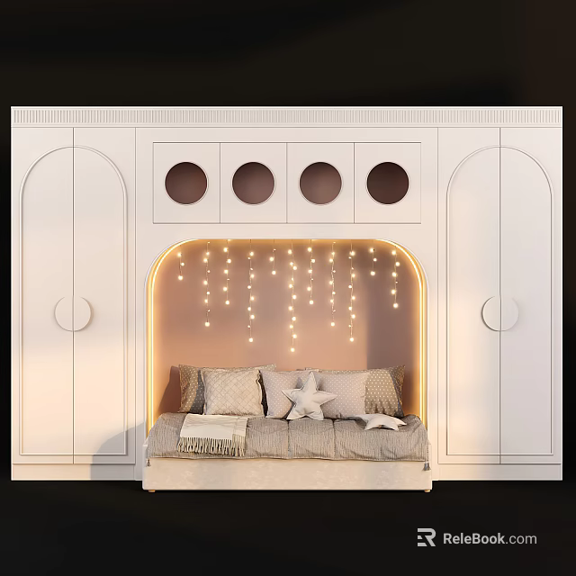 Kids Bed With White Cabinetry String Lights Star Pillow And Blanket 3d model 
