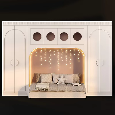 Kids Bed With White Cabinetry String Lights Star Pillow And Blanket 3d model