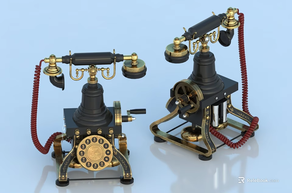 Vintage Digital Communication Devices With Brass Accents Black Body And Red Cable Design 3d model 