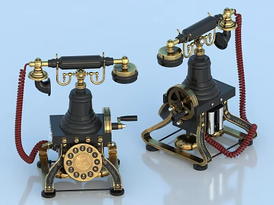 Vintage Digital Communication Devices With Brass Accents Black Body And Red Cable Design 3d model