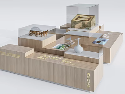 Wooden Display Shelves With Transparent Glass Covers For Carriage Model Vase Books And Golden Text 3d model