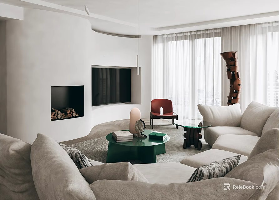 Modern Living Room Interior With Light Colored Sofas Green Coffee Table Red Chair And Fireplace 3d model