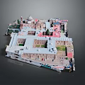 Detailed Architectural Model of Historic Building Complex with Domes Red Roofs and Courtyards