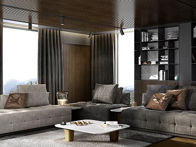 Contemporary Dark Tone Luxury Living Room With Plush Sectional Sofa And Marble Coffee Table Design 3d model