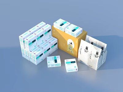 Stacked Household Daily Necessities Boxes With White Yellow Packaging And Labels 3d model