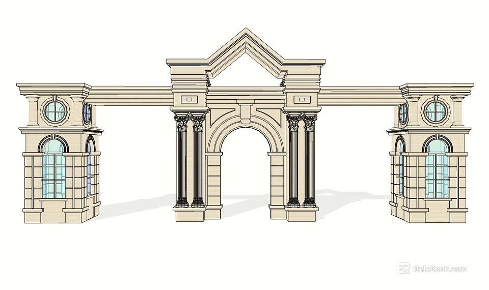 Classical Entrance Gate Design With Arched Doorway Columns And Circular Windows 3d model 