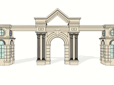 Classical Entrance Gate Design With Arched Doorway Columns And Circular Windows 3d model
