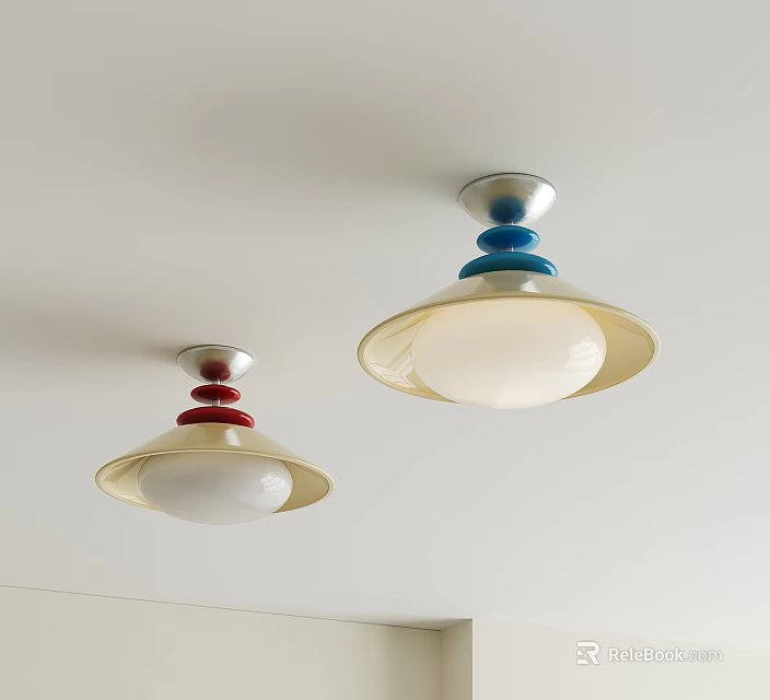 Two Modern Ceiling Lights With Blue Red Accents And White Shades On Ceiling 3d model 