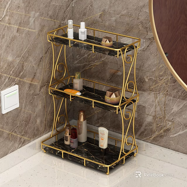 Elegant Gold Metal Three Tiered Bathroom Shelf With Toiletries On Marble Wall 3d model 