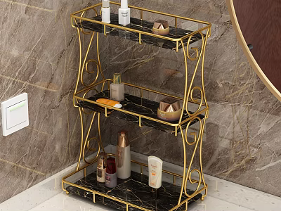Elegant Gold Metal Three Tiered Bathroom Shelf With Toiletries On Marble Wall 3d model