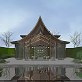Traditional Wooden Landscape Pavilion With Pagoda Roof Reflecting Pool And Greenery