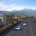 Scenic Mountain View Commercial Complex With Palm Trees Pedestrians And Cars On Road