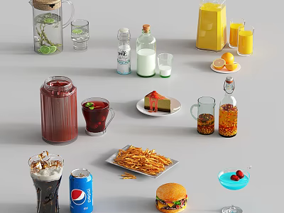 Various Beverages Including Milk Juice Cola And Cocktail In Glass Bottles And Cups 3d model