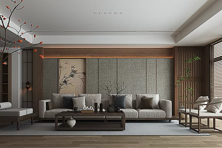 New Chinese Living Room Sofa Combination Sofa Background Song Style Living Room 3d model
