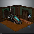 Sci-Fi Room Interior Featuring Vintage Wooden Walls Green Paneling Arched Windows And Futuristic Tech Device