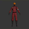 3D Model of Worker in Red Uniform With Orange Safety Helmet Standing Against Gray Background