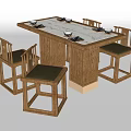Classic Wooden Dining Table Set With Marble Surface And Dark Cushioned Chairs 3d model
