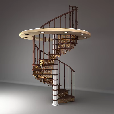 Elegant Wooden Spiral Staircase With Carved Railings And Decorative Steps And White Column Base 3d model