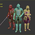 Three Armored Knights In Silver Armor With Red Gold Details And Swords