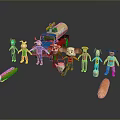 Game and Movie Characters with Colorful Outfits Truck and Hot Dogs