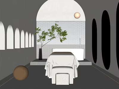 SPA Sauna Room with Massage Table Green Plant and Arched Windows in Minimalist Style 3d model