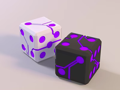 White And Black Board Game Dice With Purple Patterns For Tabletop Entertainment 3d model