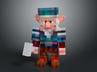 Pixel Art Sculpture Featuring Bearded Character With Pointed Ears Colorful Hat And Striped Clothing 3d model