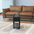 Modern Black Side Table With Wheels Storage Shelf Glasses On Top And Leather Sofa 3d model