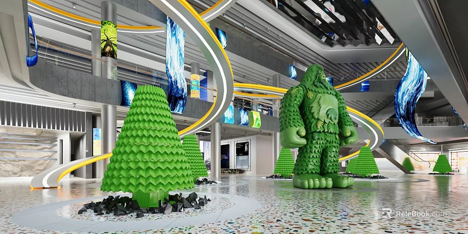 Shopping Mall Lobby With Green Tree Humanoid Sculptures Curved Yellow Lines Screens And Colorful Floor 3d model 