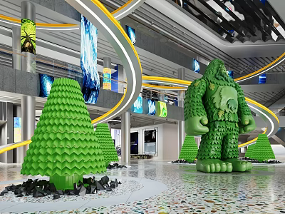 Shopping Mall Lobby With Green Tree Humanoid Sculptures Curved Yellow Lines Screens And Colorful Floor 3d model