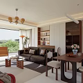 Modern Living Dining Room Interior With Sofa Coffee Table Chandelier Bookshelf Rug And Dining Chairs