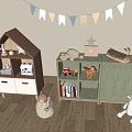 House Shaped Children's Bookshelf With Green Cabinet Toys Books And Bunting Flags On Wooden Floor