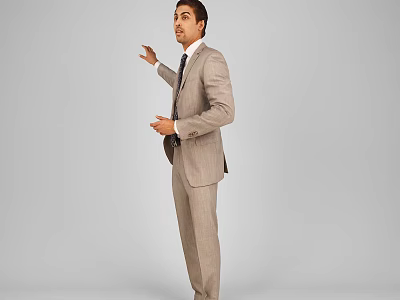 A Man in a Formal Suit Standing with Open Hand Gesture Against Grey Background 3d model