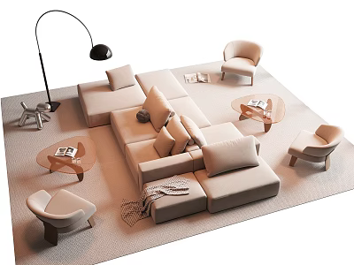 Modern Beige Upholstered Sofa and Coffee Table Set With Accent Chairs Floor Lamp and Cushions 3d model