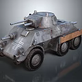 Armored Military Utility Vehicle With Multi Wheeled Metal Body And Cross Emblem
