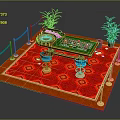Casino Entertainment Table with Green Surface Blue Stools Red Carpet Gold Patterns and Green Plants