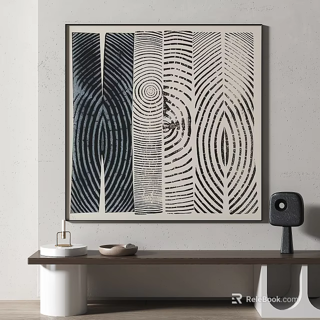 Abstract Black And White Pattern Wall Art With Wooden Shelf Decorative Items 3d model