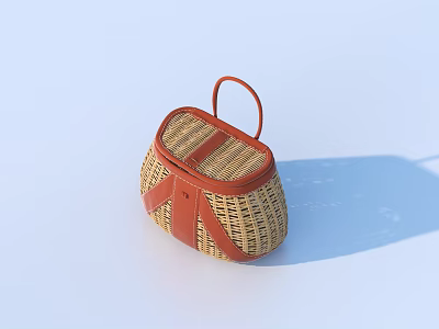 Stylish Woven Rattan Handbag With Beige Brown Pattern And Red Strap Design 3d model
