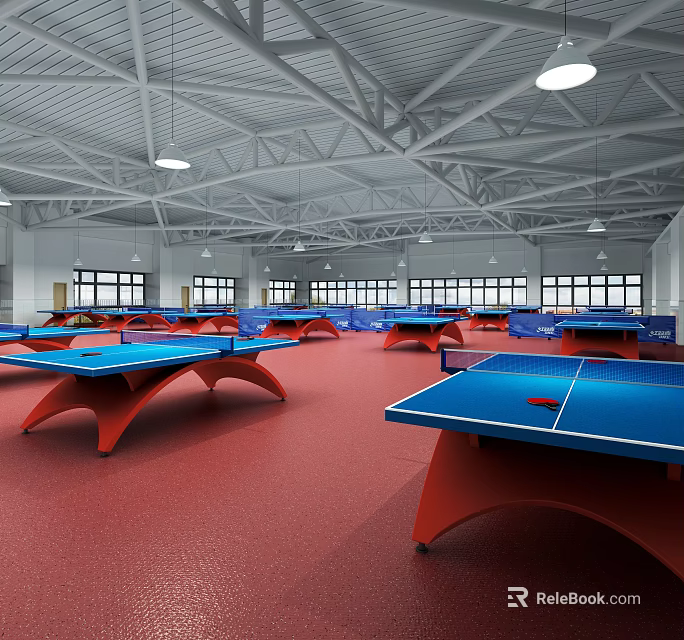 Indoor Sports Hall Featuring Multiple Blue Ping Pong Tables On Red Flooring 3d model 