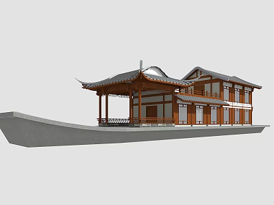 Traditional Chinese Wooden Boat With Pavilion Style Roof And Wooden Structure 3d model