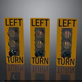 Three Orange Left Turn Traffic Signs With Bold Lettering And Reflective Surfaces