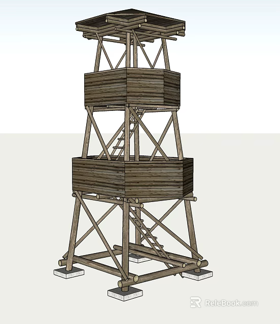 Wooden Two Tiered Tower With Ladder And Cross Frame Support Structure 3d model 