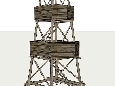 Wooden Two Tiered Tower With Ladder And Cross Frame Support Structure 3d model