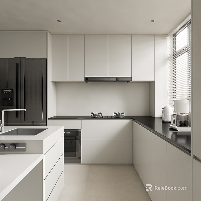 Modern Kitchen Interior with White Cabinets Black Countertops and Appliances 3d model 